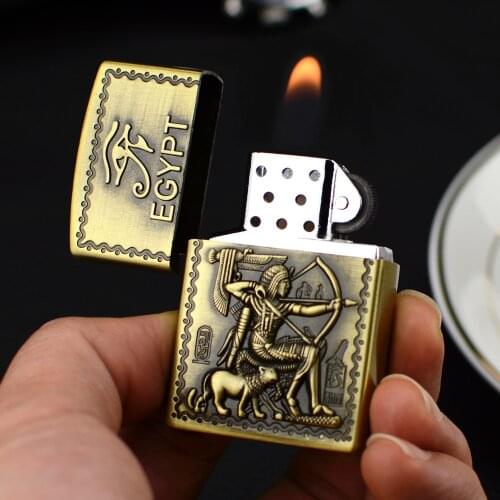 Metal embossed lighter windproof Butane GAS inflatable grinding wheel open flame creative personality retro Cigarettes Accessory