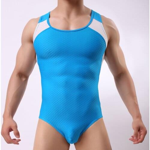 MSemis Men Body suit Color-blocking Swimsuit Sleeveless Round Neckline Fitness Jumpsuit Lingerie Singlet Bodysuit Underwear