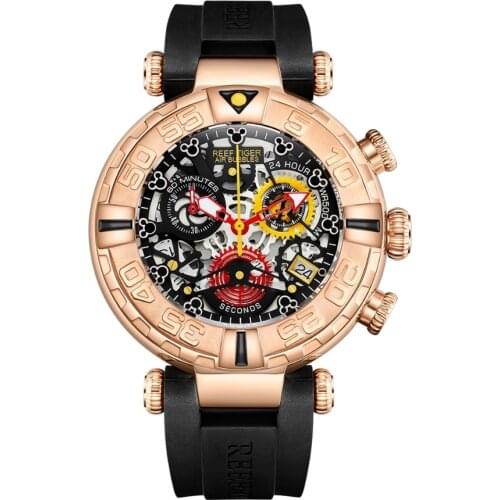 Reef Tiger RGA3059-S Men Sport Chronograp Fashion 10Bar Waterproof Skelet Quartz Wrist Watch With Rubber Watchband - Rosegold