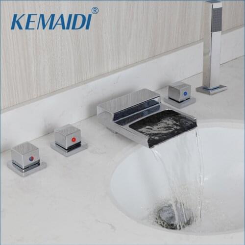 KEMAIDI Bathroom 5 PCS Waterfall Shower Set Bathtub Tub Shower Faucet 3 Handles with Handheld Tub Mixer Taps Chrome Finish