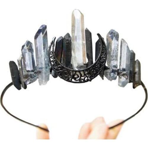 Handmade Faux Raw Crystal Headband Quartz Black Moon Bridal Alloy Tiara Crown U2JF
