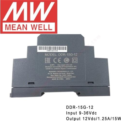 Original Mean Well DDR-15G-12 Din Rail Type DC-DC Converter meanwell 12V/1.25A/15W DC to DC Power Supply 9-36Vdc input
