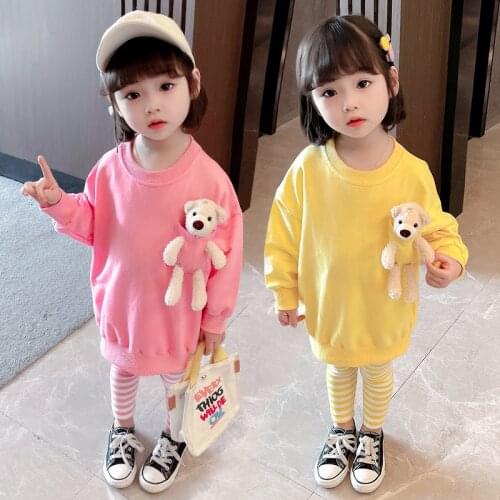 Girls Autumn Long Sweater Suit Western Style Baby Bear Top Striped Pants Two-piece Childrens Autumn Clothes