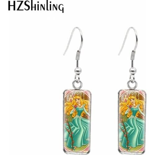 Princess Aurora Sleeping Beauty Cartoon Paintings Rectangular Hook Dangle Drop Earrings Fashion Jewelry