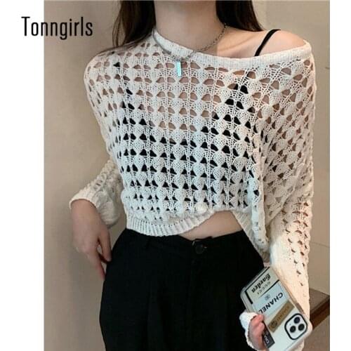Tonngirls Pullovers Women Hollow Out Sexy Lady O-neck Simple Streetwear Casual Harajuku Loose Spring Outerwear Knitwear Jumpers