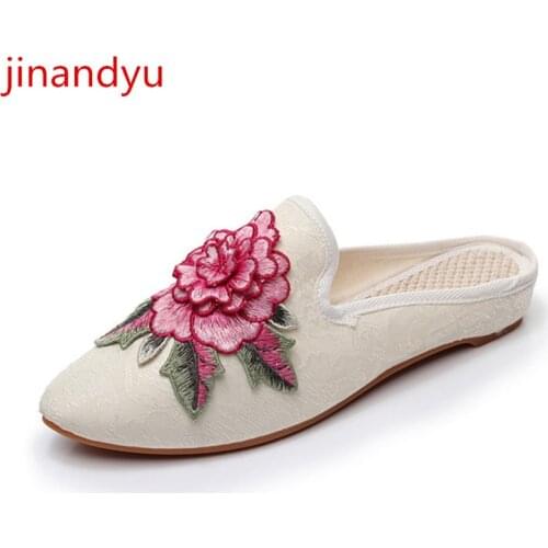 Embroidery Flower Canvas Flats Shoes Women Slippers Sandals Fashion Black White Sandals for Women Flat Shoes Slippers Sinicism