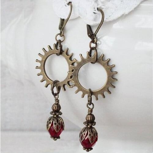 Garnet Red Steampunk Earrings, Bronze Gears Ear Rings, Steam Punk Jewellery