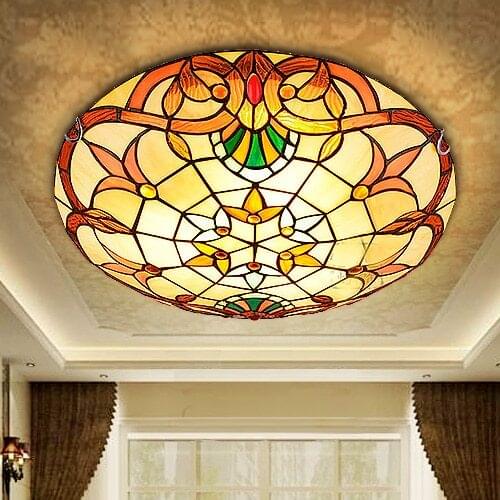 Modern Baroque Style 12/16/20 inch LED or E27 Pastoral Ceiling Light Tiffany Soldering Round Stained Glass Lampshade lamparas