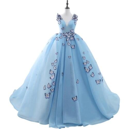In Stock Light Blue Ball Gown Party Dress Sleeveless V-neck Tulle with Butterfly Applique Bandage Big Party Gown Backless 0310C