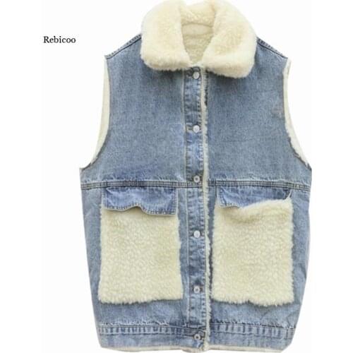 Women Loose Thickened Jean Sleeveless Coat Korean Preppy Style Warm Vest Jacket Fashion Big Pockets Winter Clothes