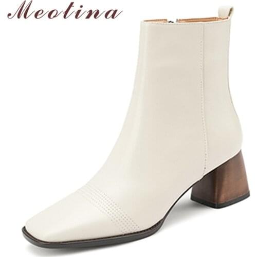 Meotina Women Ankle Boots Genuine Leather Thick High Heel Fahsion Boots Square Toe Zipper Lady Footwear 2021 Autumn Black Beige