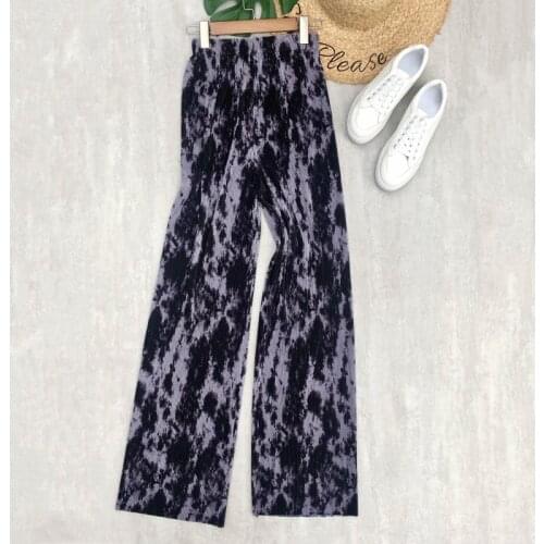 Women Summer Wide Leg Pants Ink Tie Dye Print Pleated Loose Fit Casual Long Pants Straight Elastic Waist Street Style Trousers