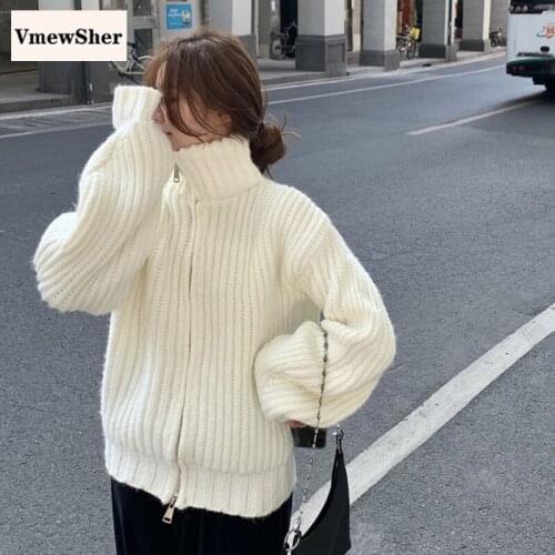 VmewSher New Solid Zipper Cardigans Sweater Women White Loose Casual Turtleneck Korean Female Sweater Coat Long Sleeve Outwear