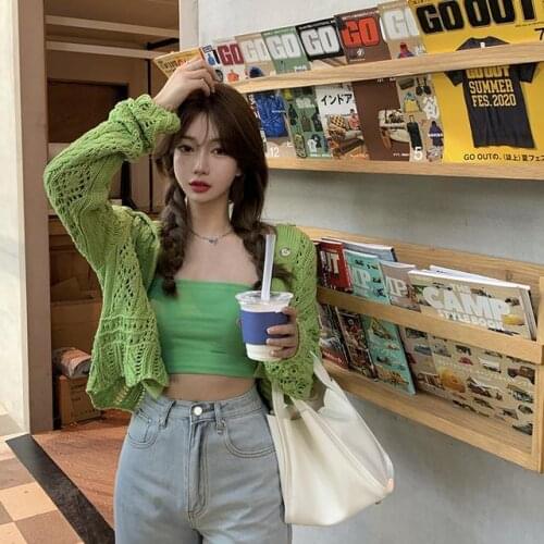 Green Hollow Knit Cardigan Womens Spring 2021 Short Camisole Short Top Long Sleeve Ribbed Suit