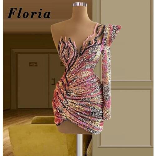 Floria Multi Color Cocktail Dresses 2021 Short Sequins Party Dress Custom Made Arabic Dubai Celebrity Prom Dress Robes De Soiree