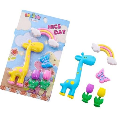 5pcs/pack Cartoon Card Giraffe Rainbow Korean Eraser Cute Stationery School Student Supplies Gift