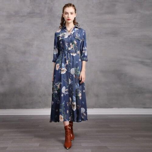 Designer womens 2021 spring dress new Tencel print temperament long skirt denim dress 82265