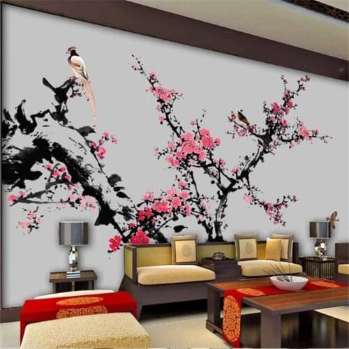 Wellyu Custom large-scale mural 3d ink landscape plum blossom flowers and birds modern bold background wall papel de parede