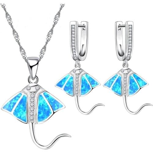 Cute Seafish Shape Zircon White Imitation Fire Opal Necklace With Earrings Jewelry Set For Women Fashion Accessories Party Gift