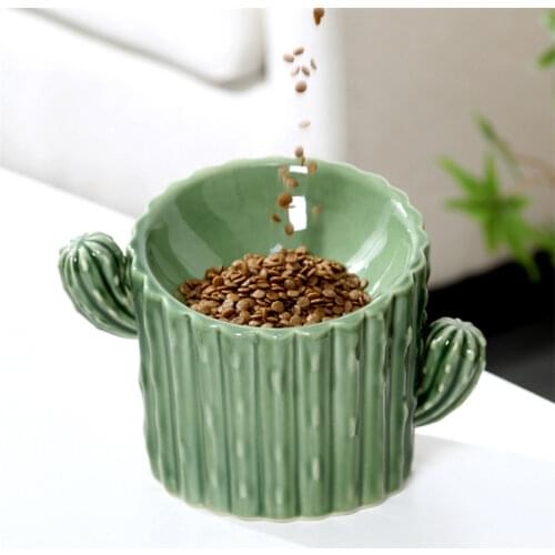 Ceramic Cactus Shape Non Slip Cat Food Feeding Bowl Protecting Cervical Spine High Foot Dog Drinking Water Dish Puppy Feeder