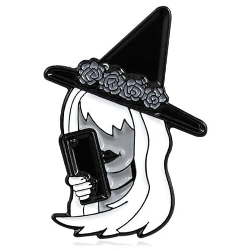 Beautiful Witch Wearing Black Top Hat Metallic Enamel Brooch Holding Mobile Phone Woman Badge Pin Unique Trendy Costume Jewelry