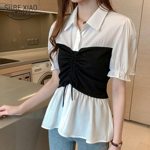Summer Womens Blouse Solid Polo Collar Blouse Women Korean Clothes Wild Slim Contrast Stitching Shirts Ropa De Mujer 9604