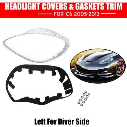 Left Headlight Lens Covers for Chevrolet C6 Corvette 2005-2013 with Black Trim Gaskets Seal Kit & 10Pcs Fix Nut Snaps