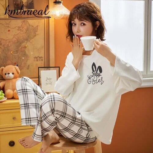 New Korean Grid Girls Pajamas for Women Cute Autumn Winter Long Sleeve Leisure Sleepwear Loose Nightwear Homewear Suit Plus Size
