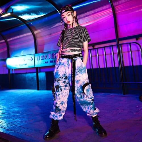 2021 New Girls Jazz Dance Costumes For Kids Short Sleeved Blue Loose Pants Hiphop Outfits Modern Dance Hip Hop Clothing DN8872
