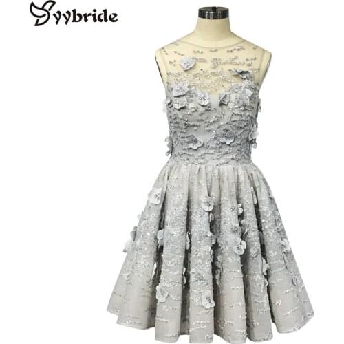 YYbride New Real Tailor Made Silver Color Above Knee Mini Skirt Party Dresses Scoop Neck Back V-Neck Short Cocktail Dresses