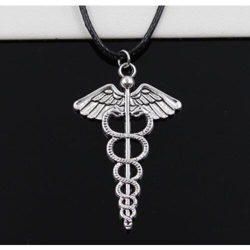 New Fashion Pendant Caduceus Medicine Symbol Necklace Choker Black Leather Cord Factory Price Handmade Jewelry