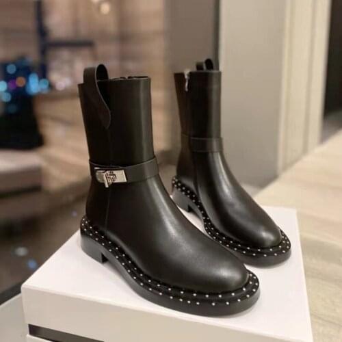 2021 autumn and winter thick-soled Chelsea leather boots womens ankle boots fashion flat-bottomed thick-soled ankle boots black