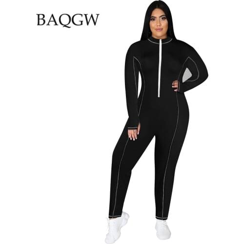 Autum Long Sleeve Striped Zip Up Skinny Bodycon Jumpsuit Casual Women Fashion Sexy Streetwear Workout Romper Plus Size XL-6XL