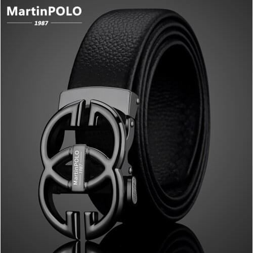 MARTINPOLO Genuine Leather Mens belt Cowskin Waist Strap For Male Automatic Buckle Black Belts Luxury Belt Men MP3201P