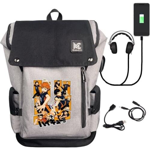 16" Haikyuu USB Backpack Bag Zipper Manager Casual Fan Girl Boys Computer Laptop School Students Anime Gifts