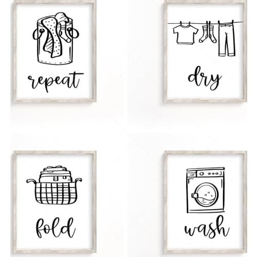 Wash Dry Fold Repeat, Ensemble de 4 impressions pour la lessive ou la buanderie, décor de buanderie, art de griffonnage de blanc