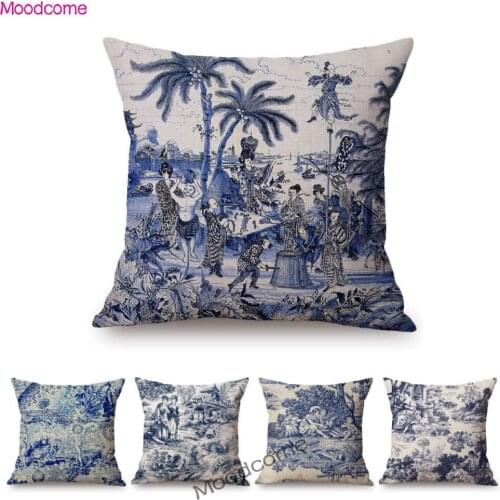 Navy Blue Black White French Toile De Jouy Motif Pattern Retro Newspaper Poster Vintage Sofa Throw Pillow Case Cushion Cover