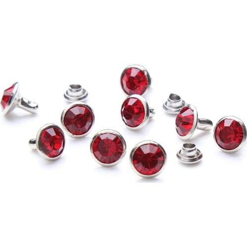 100Sets 6mm&8mm Light Siam Crystal Rhinestone Rivets Studs Silver Metal Base for Clothing Bag Leathercraft Rivet