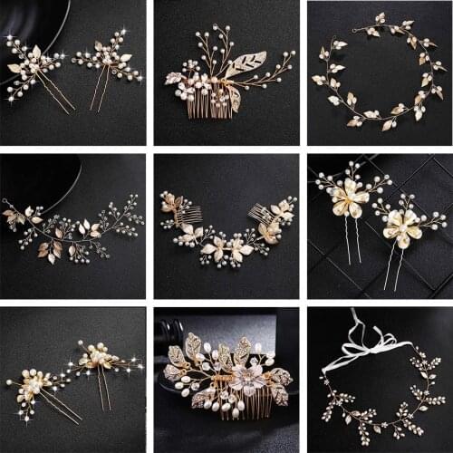 QYY Fashion Pearls Gold Wedding Hair Accessories Flowers Bridal Hair Jewelry Hair Pins Pearl Clips for Women Headpieces