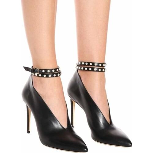 New rivet beading high heels womens sheepskin shoes pointed toe high heel buckle straps high heel shoes