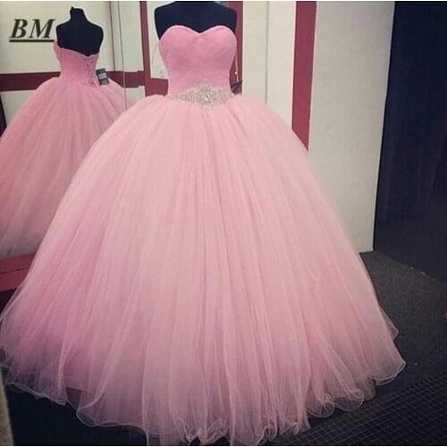 BM High Quality Ball Gown Pink Quinceanera Dresses 2021 Crystals Sweetheart Puffy Sweet 16 Dresses Vestidos De 15 Anos BM399