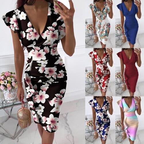 2021 Summer V-neck Slim Waist Smocked Ruffled Hip Dress