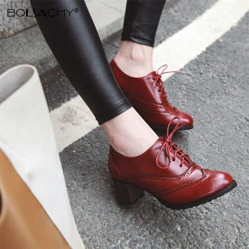 2021 Vintage Brogue Shoes Women Pumps Lace Up Cut Out Oxford Shoes Chunky Heel PU Leather High Heels Lady Chaussure Footwear