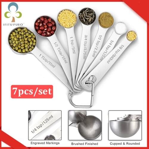 7pcs/set Multipurpose Food-grade Stainless Steel Measuring Spoon Coffee Powder Spice Measure Scoop Kitchen Baking Tools ZXH