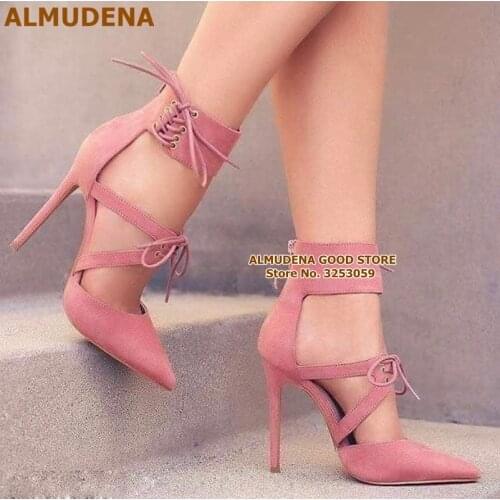 ALMUDENA Pink Grey Sude Lace-up High Heel Pumps Charming Hollow Out Pointy Toe Dress Shoes Stiletto Heels Wedding Pumps Big Size