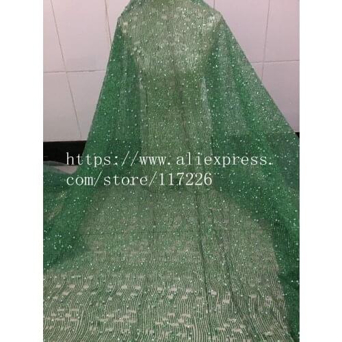 Sparkly green glued glitter african Tulle lace hot sale french net lace fabric JRB-89214 for fashion dress with beads
