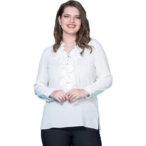 Hanezza Plus Size Neckline Ruffle Detail Crepe Blouse