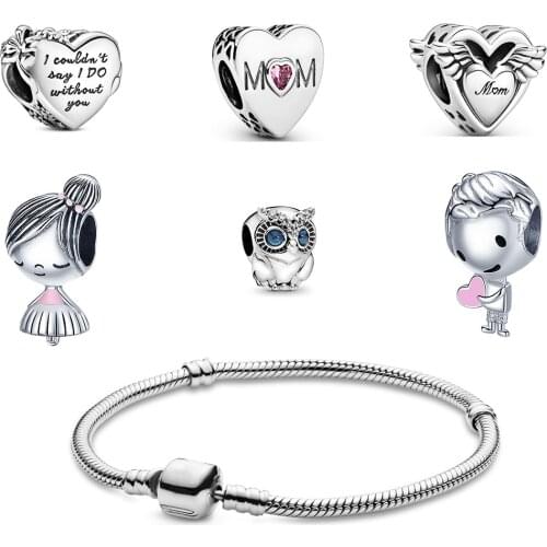 Little Girl and Little Boy 925 Sterling Silver Mom Heart Dangle Charm Beads Fit For Original Pandora Bracelet Chain Fine Jewelry