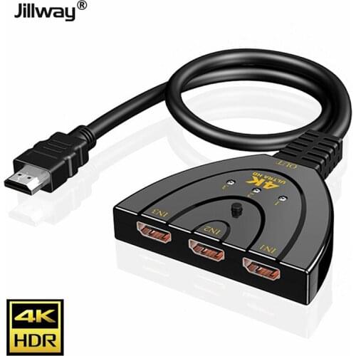 Jillway HDMI 3 in 1Switch 3Port 4K HDMI 3x1Switch Splitter with Pigtail Cable Supports Full HD 4K1080P 3D Player Video converter