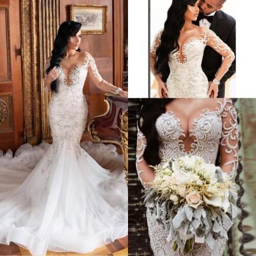 Elegant Lace Mermaid Wedding Dresses Arabic Sheer Scoop Neck Applique Beaded Plus Size Bridal Wedding Gowns Vestidos De Novia